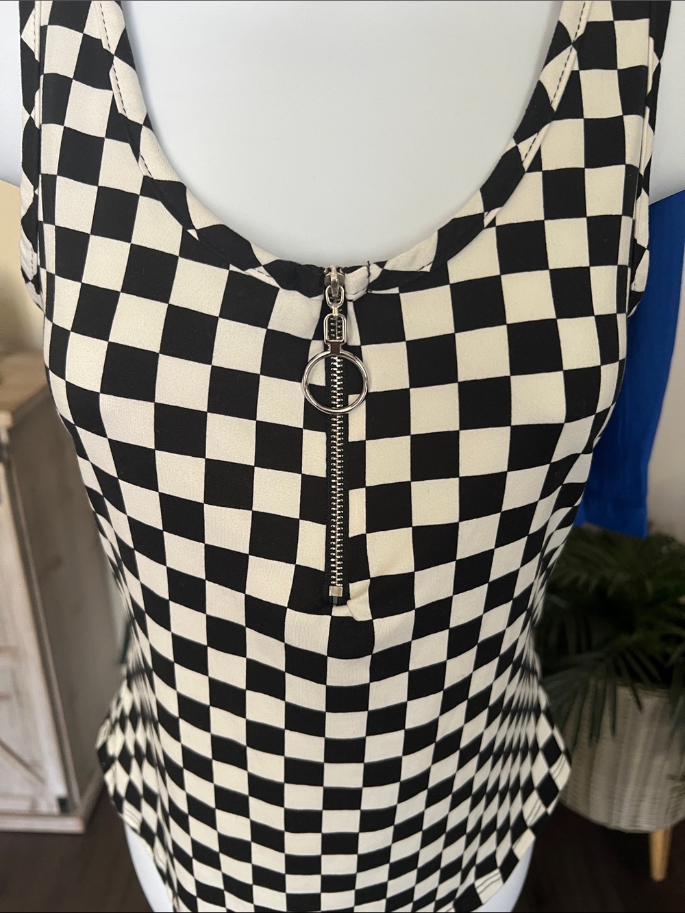 Checkerboard Zip-Front Tank Top - Black & White - Picture 2 of 4